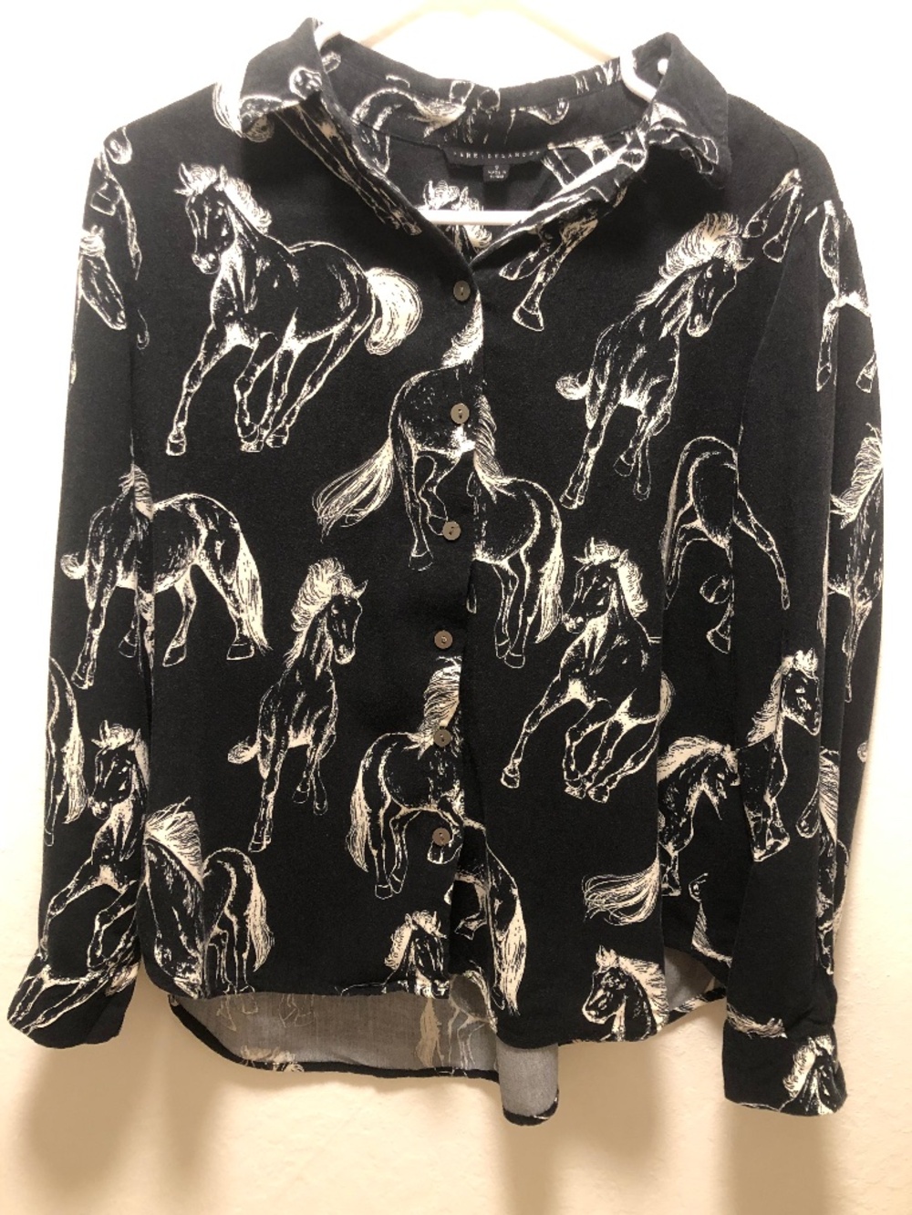 Black Button-Down Shirt with White Horse Print